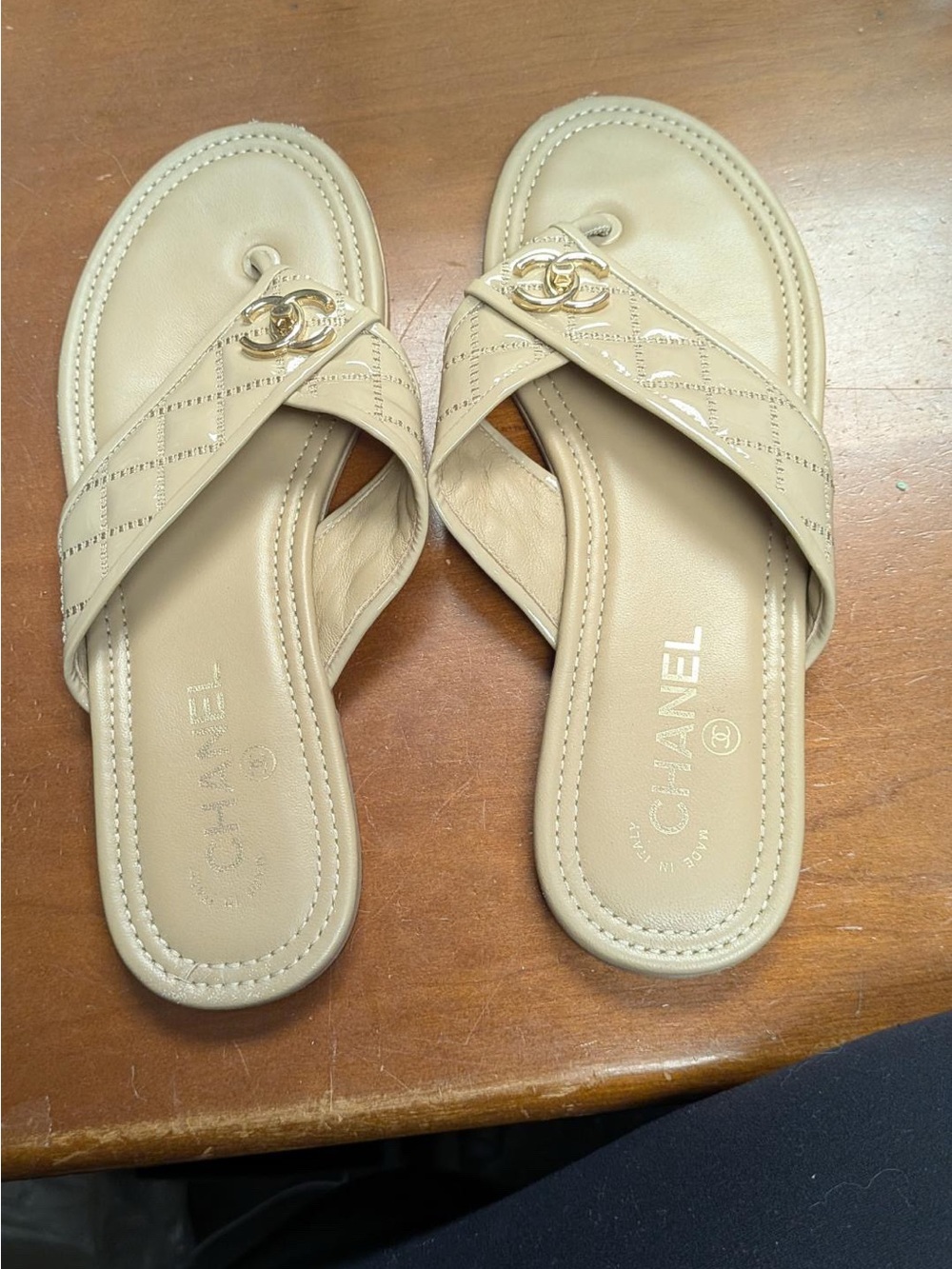 CHANEL Beige Quilted Leather Crossover Slide Sandals with Gold CC